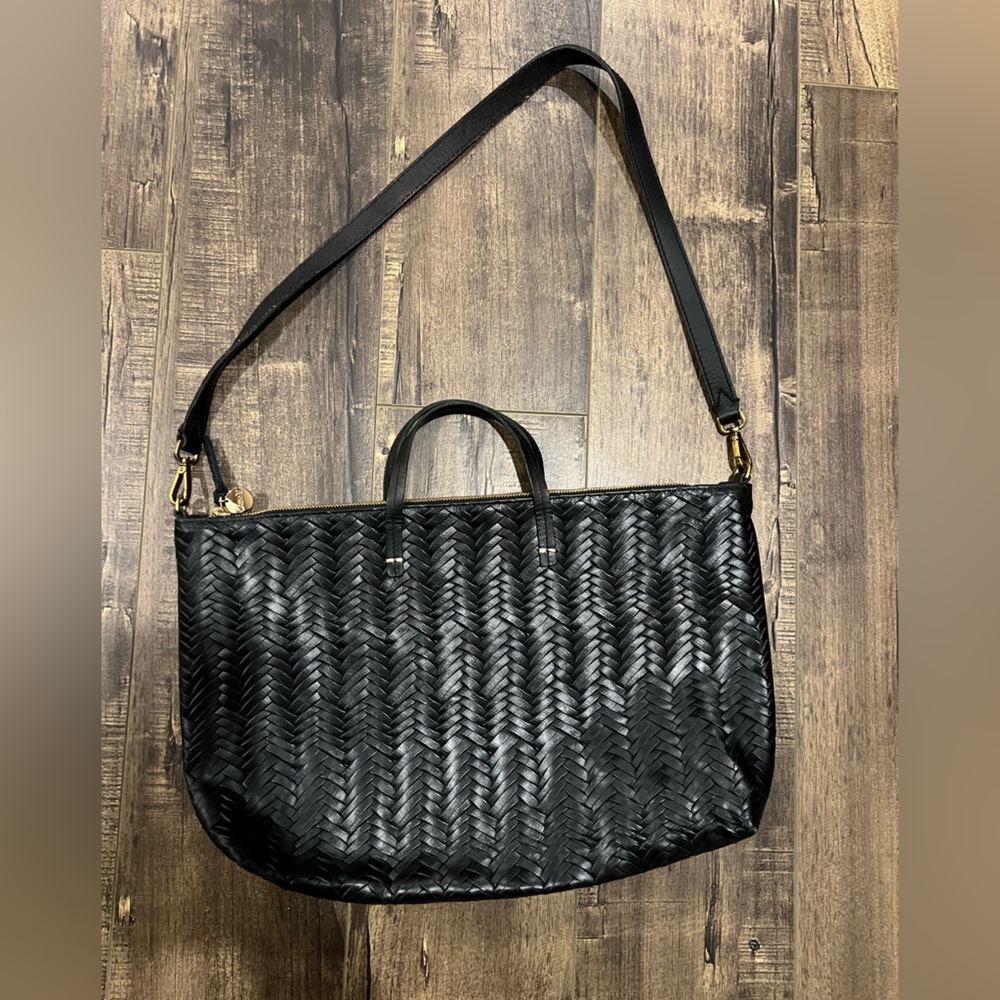 Clare V tote with shoulder strap black woven leather